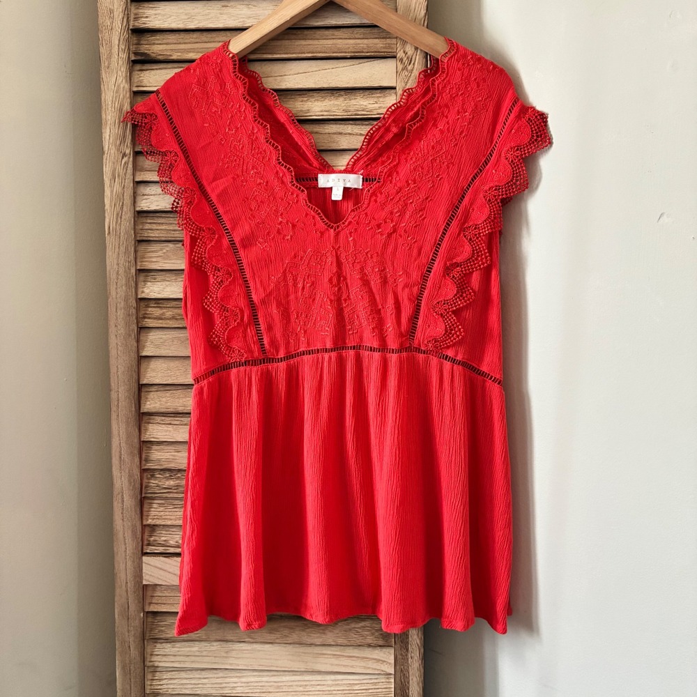 Adiva Red Boho Embroidered Lace Trim V-Neck Rayon Blouse Top Boho Large